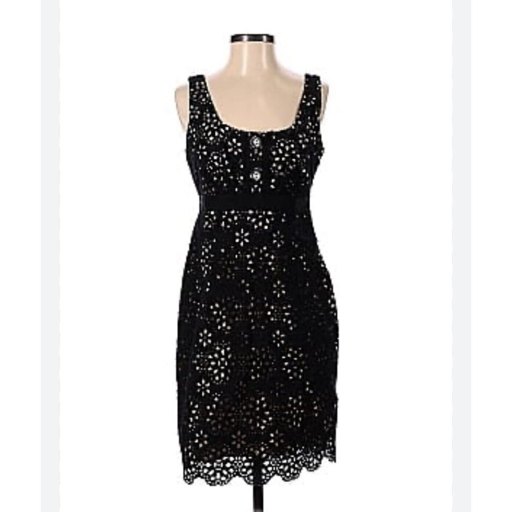 ECI Woman's‎ Size 4 Black Tan Eyelet Sleeveless Dress A-line Floral Workwear